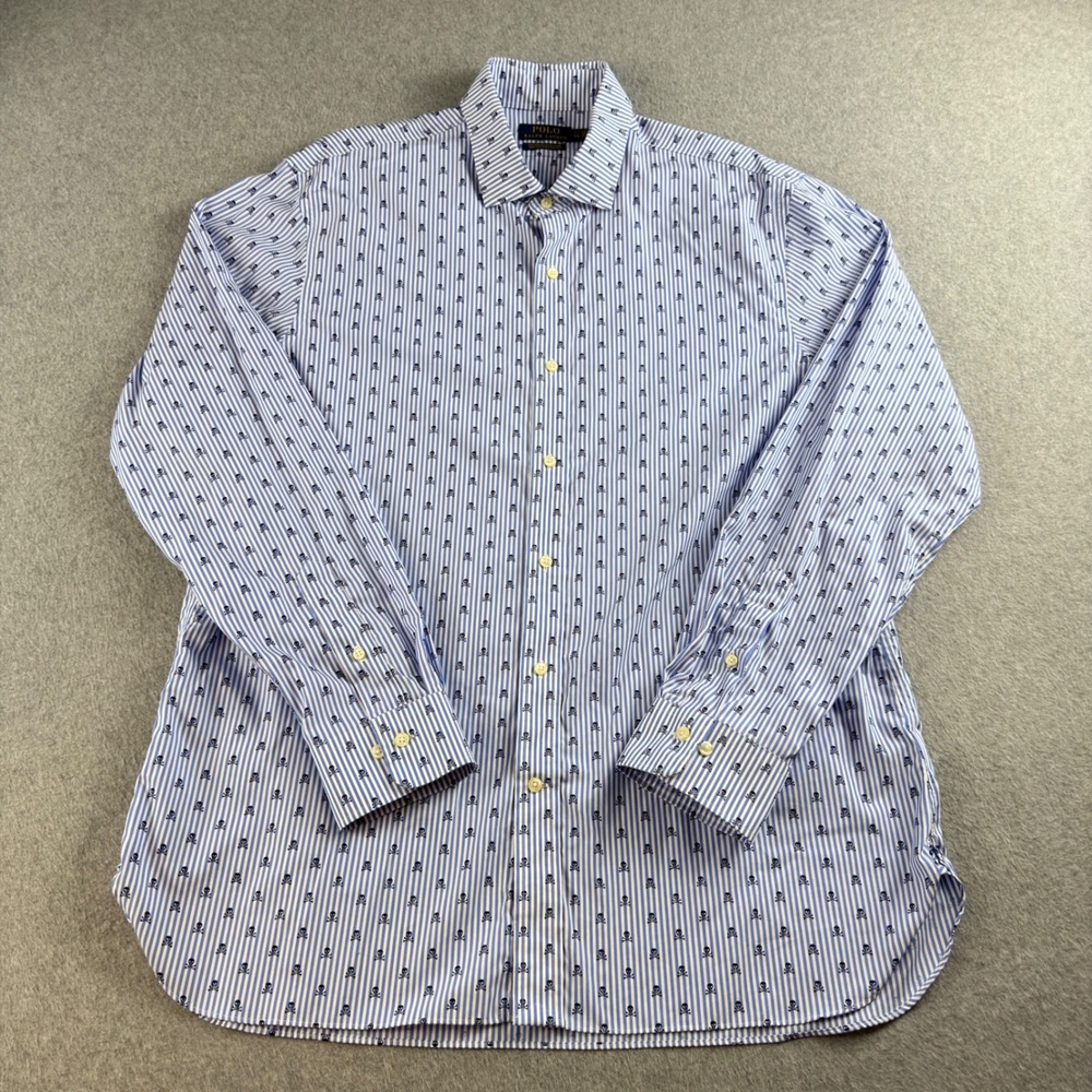 Polo Ralph Lauren Mens XL 17.5 44EU Blue Striped Skull Crossbones Stretch Shirt